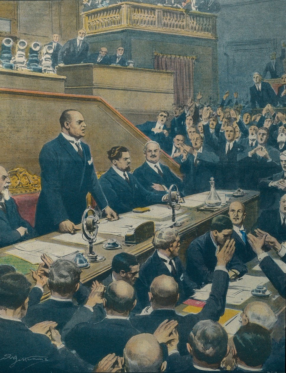 MUSSOLINI, Benito (1883-1945). Włoski faszystowski polityk, duce (przywódca) Włoch (1925-1943). Mussolini ogłaszając sojusz między czterema mocarstwami zachodnimi do Senatu. Achille Beltrame (1871-1945) z La Domenica del Corriere, 7 czerwca autorstwa Achille Beltrame