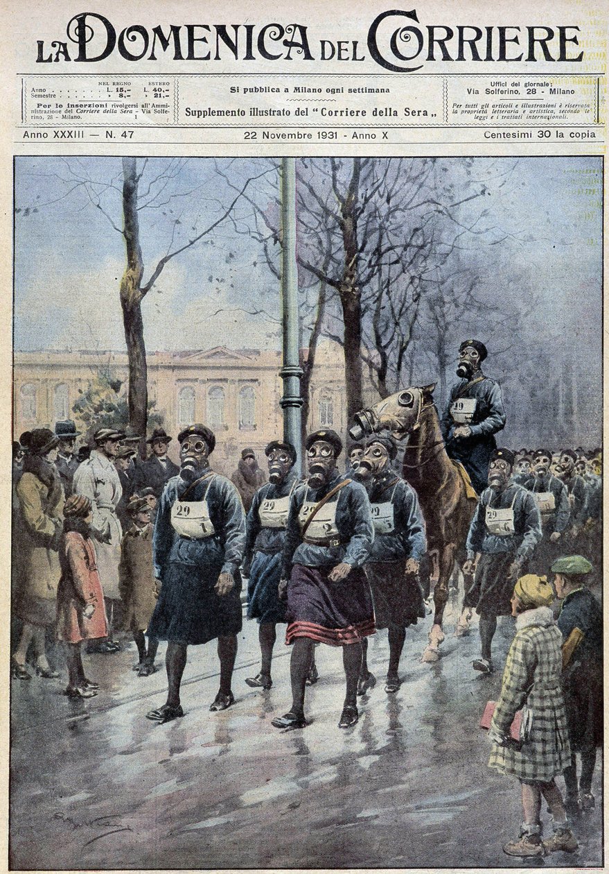 Marzec zorganizowany w Warszawie w celu ćwiczenia ludności w używaniu masek przeciwgazowych – rysunek A. Beltrame, w „”la Domenica del Corriere”” z 22.11.1931 autorstwa Achille Beltrame