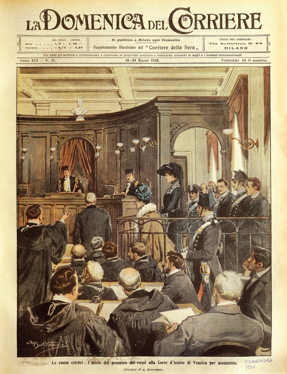 Maria Tarnowska na procesie w Wenecji, Achille Beltrame, ilustracja, Ilustrator Achille Beltrame (1871-1945), z La Domenica del Corrier autorstwa Achille Beltrame