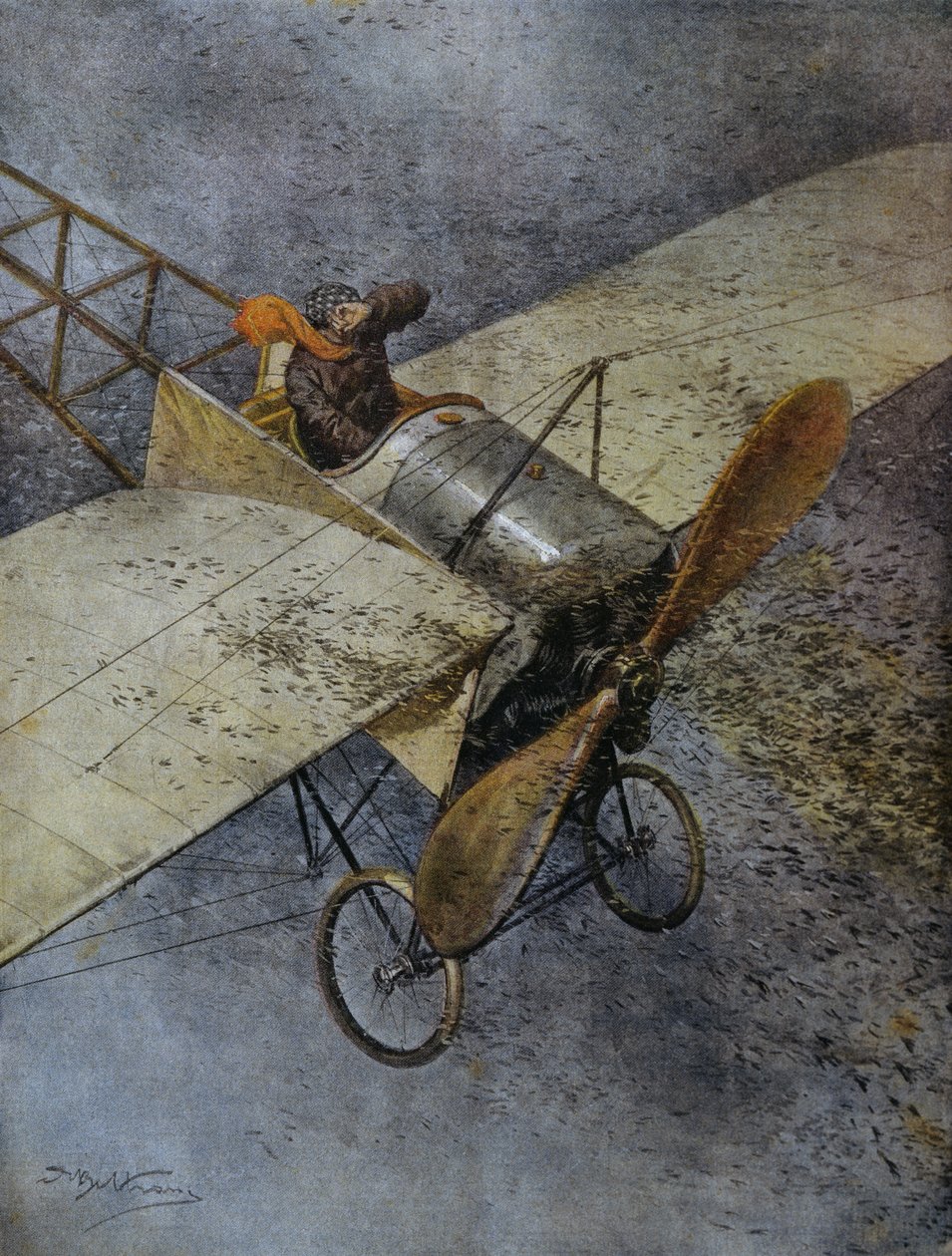 Samolot Mauvaise rozbija się po uderzeniu przez roje szarańczy niedaleko Madrytu, Hiszpania, ilustracja Achille Beltrame z La Domenica del Corriere, 3 czerwca autorstwa Achille Beltrame