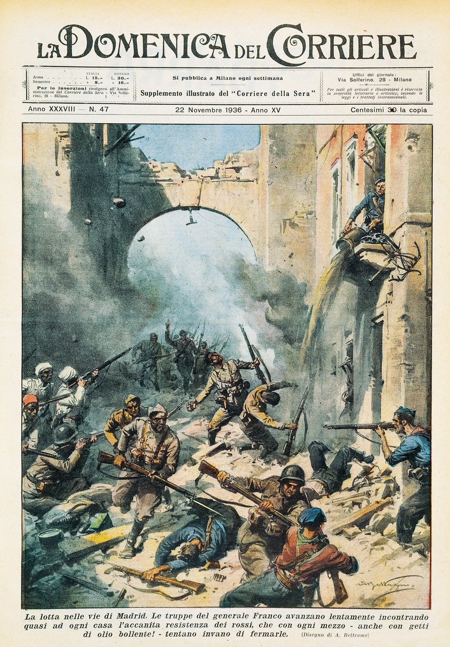 Walka wręcz na ulicach Madrytu podczas hiszpańskiej wojny domowej, Achille Beltrame (1871-1945), z La Domenica del Corriere, 22 listopada autorstwa Achille Beltrame