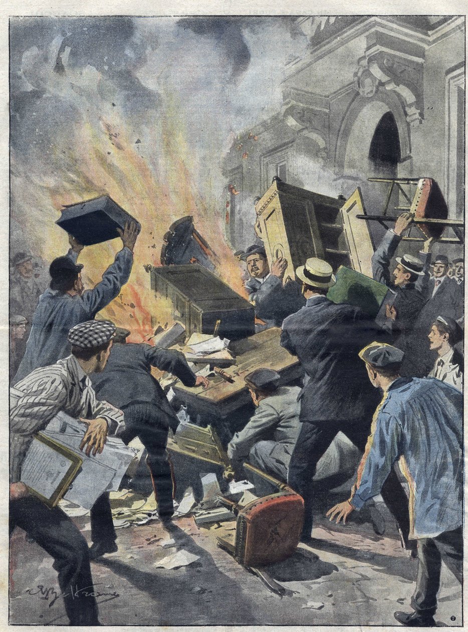 Midi winiarski kryzys w 1907 roku: winiarze podpalili ratusz w Beziers (Herault). Ilustracja przedstawiająca Achille Beltrame z 1907 roku. autorstwa Achille Beltrame