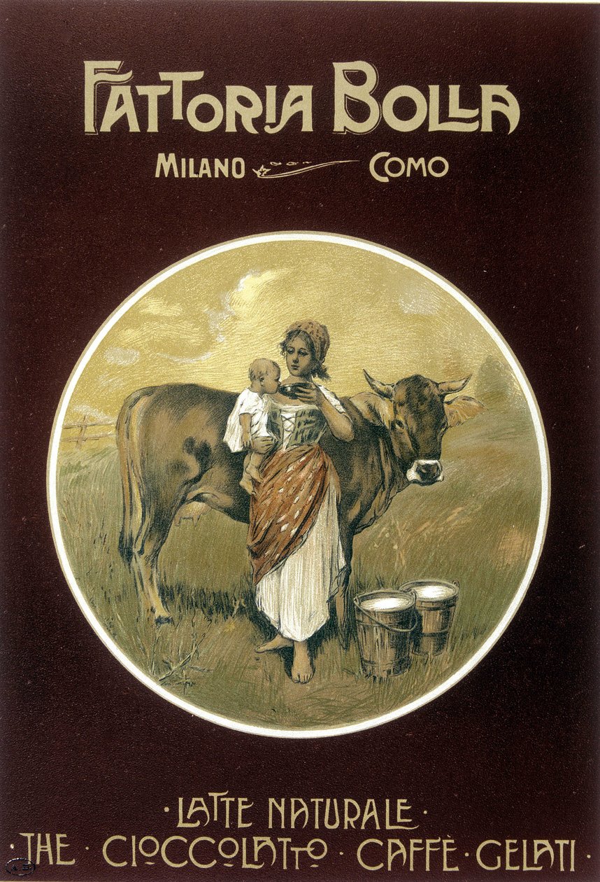 Matka zmuszająca dziecko do picia krowiego mleka - plakat reklamowy Fattoria Bolla (plakat) autorstwa Achille Beltrame