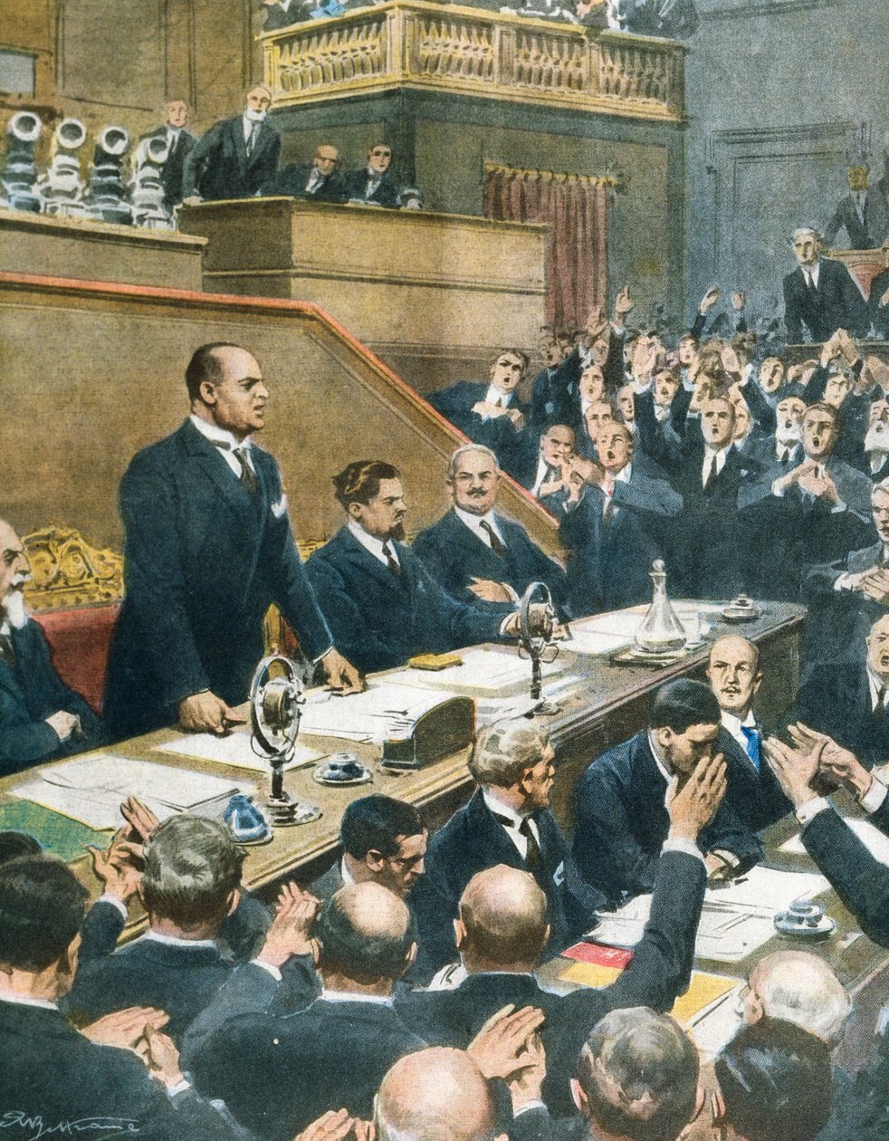 Mussolini ogłosił sojusz między czterema mocarstwami zachodnimi do Senatu, Achille Beltrame (1871-1945) z La Domenica del Corriere, 7 czerwca autorstwa Achille Beltrame