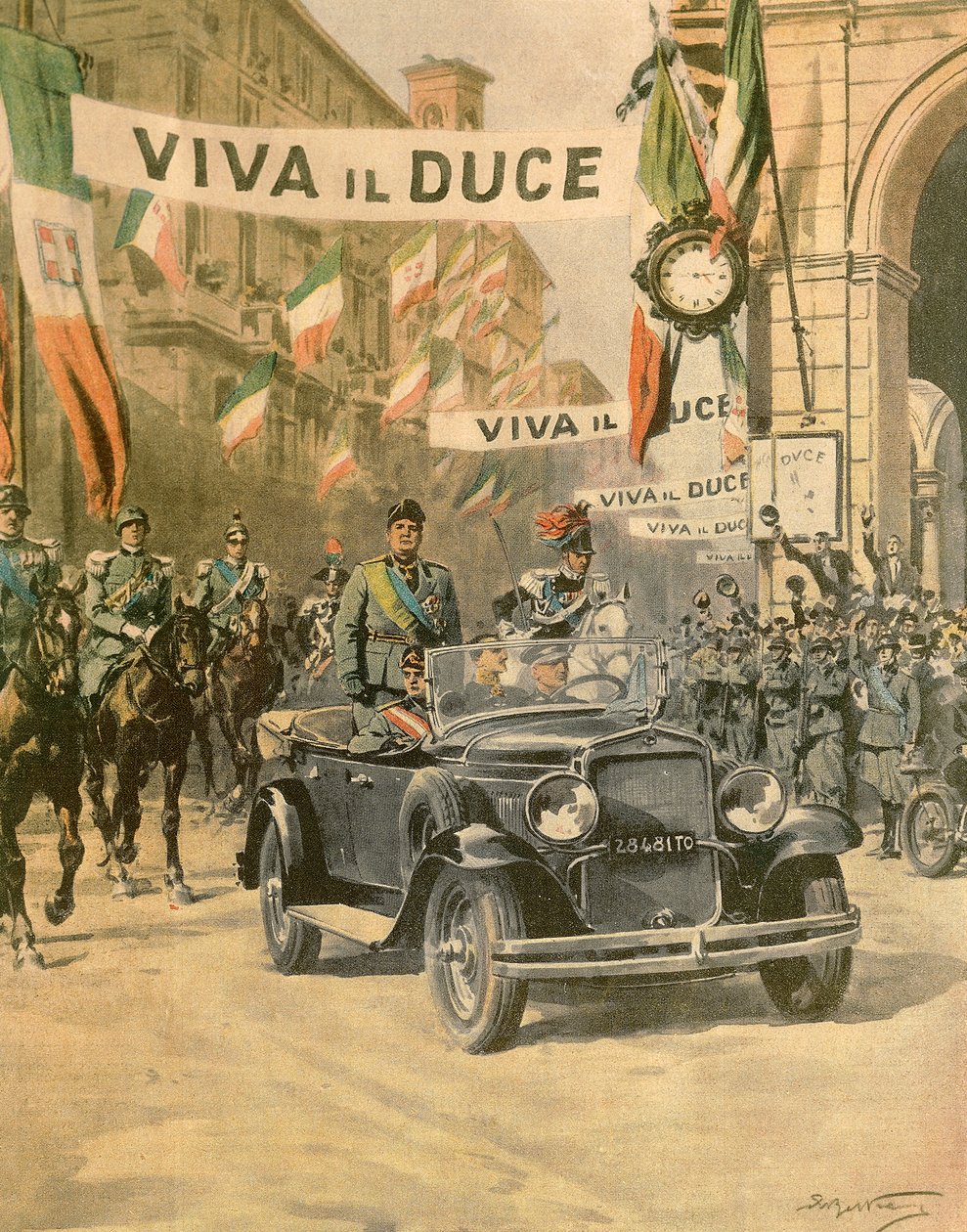 Triumfalny przyjazd Mussoliniego do Turynu, Achille Beltrame (1871-1945) z wydania La Domenica del Corriere, październik 1932 autorstwa Achille Beltrame