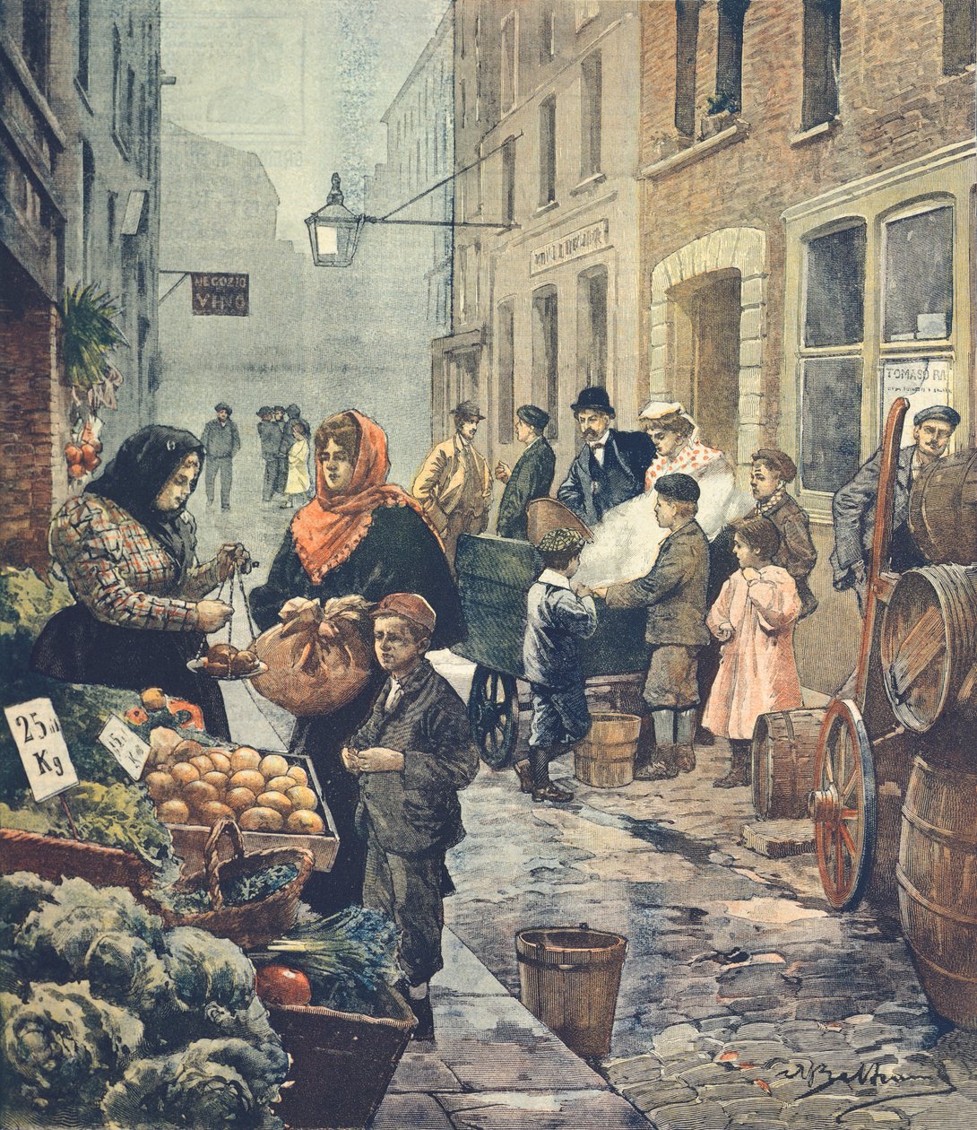 Jedna z najbardziej charakterystycznych ulic Dzielnicy Włoskiej, Soffron Hill, Londyn, autorstwa Achille Beltrame (1871-1945) z La Domenica del Corriere autorstwa Achille Beltrame