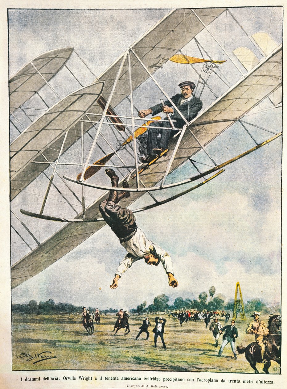 Orville Wright i porucznik Seliridge nurkują z dwupłatowca z trzydziestu metrów, Stany Zjednoczone Ameryki, ilustracja Achille Beltrame z La Domenica del Corriere, 11 października autorstwa Achille Beltrame