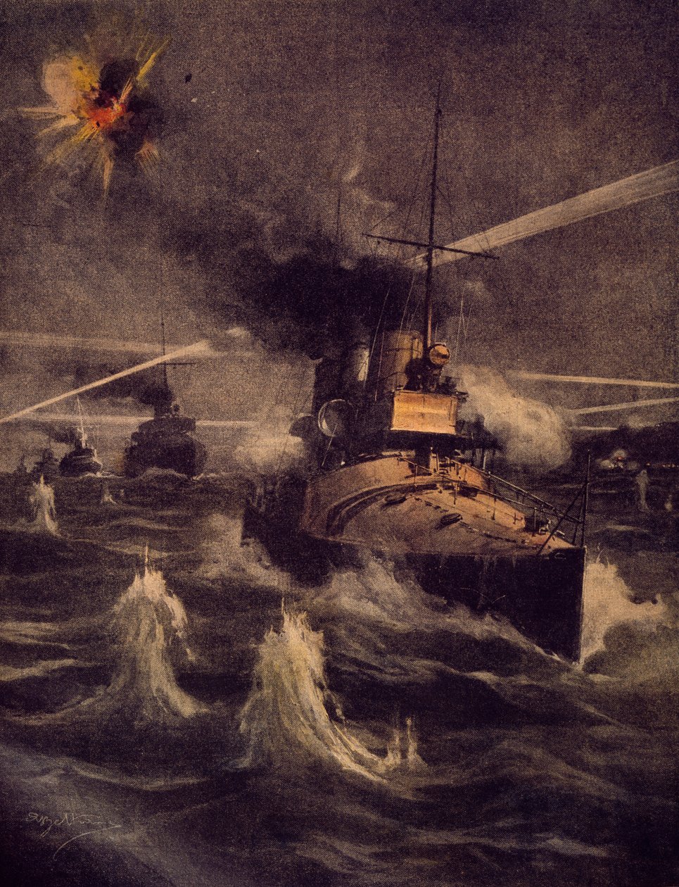Nasze torpedowce odważnie wtargnęły do Cieśniny Dardanelskiej pod ostrzałem wroga, autorstwa Achille Beltrame (1871-1945), ilustracja z La Domenica del Corriere autorstwa Achille Beltrame