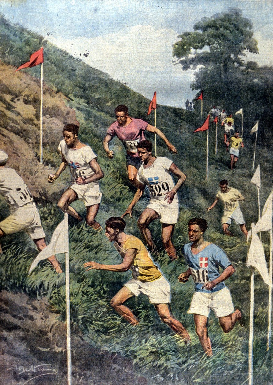 Igrzyska Olimpijskie w Paryżu: bieganie z naturalnymi przeszkodami: przełaj. Ill. de Beltrame. Domenica del Corriere autorstwa Achille Beltrame