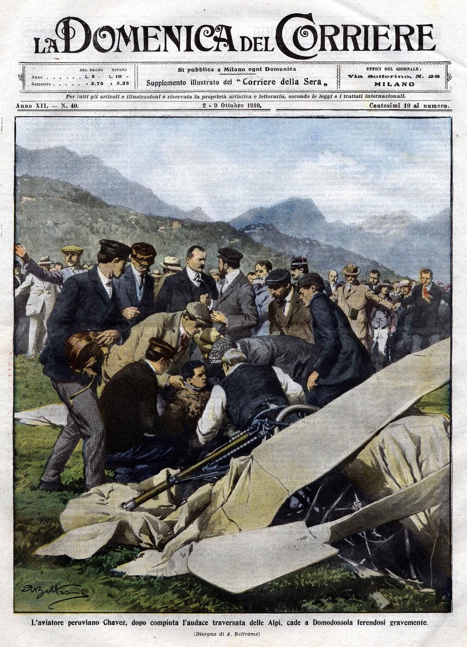 Peruwiański lotnik Chavez po brawurowym przeprawie przez Alpy rozbił się w Domodossoli z poważnymi obrażeniami. Ilustracja Beltrame. 10.02.1910. Domenica del Corriere. autorstwa Achille Beltrame