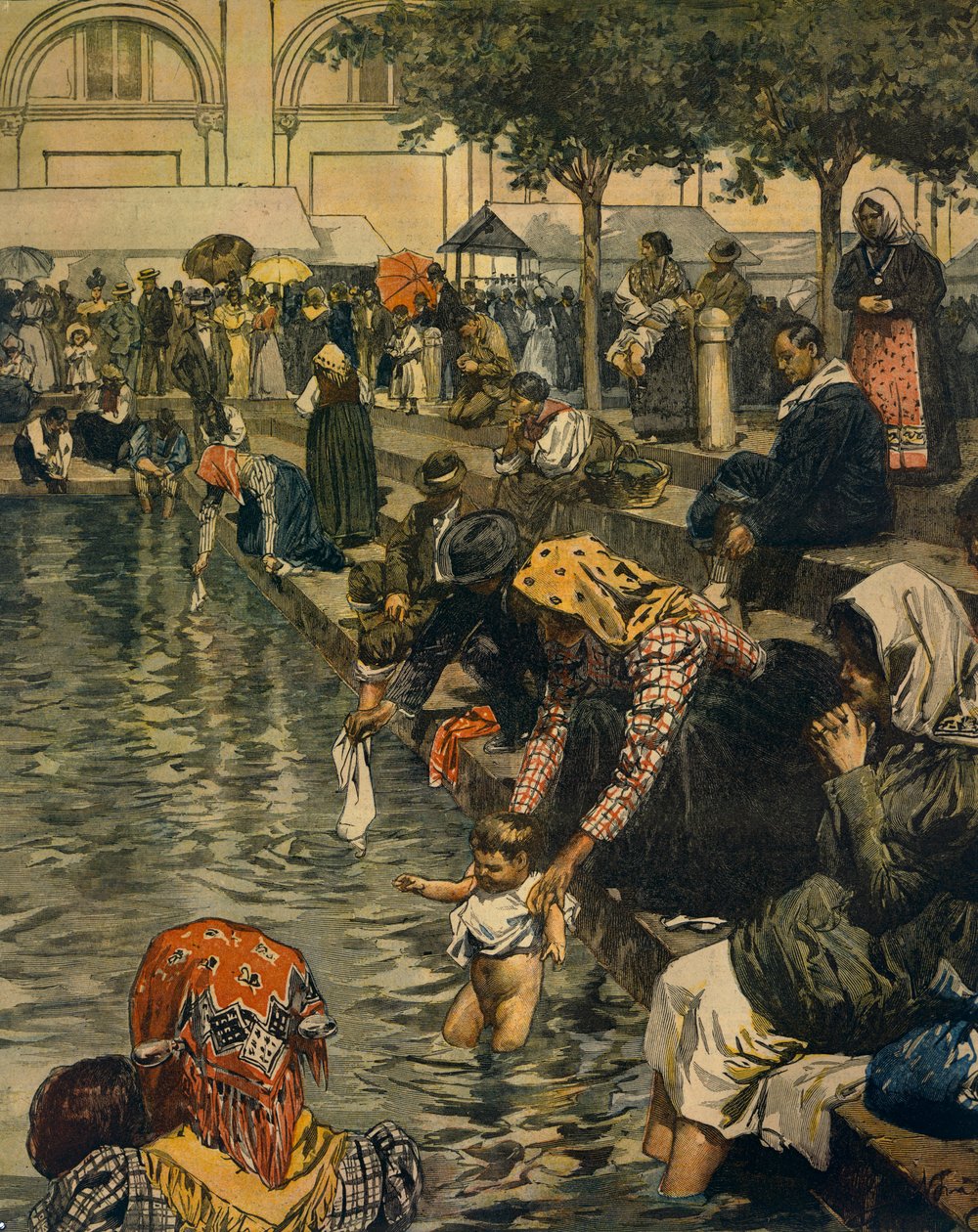 Pielgrzymka do Caravaggia: Kąpiel w cudownych wodach, autorstwa Achille Beltrame (1871-1945), z La Domenica del Corriere autorstwa Achille Beltrame