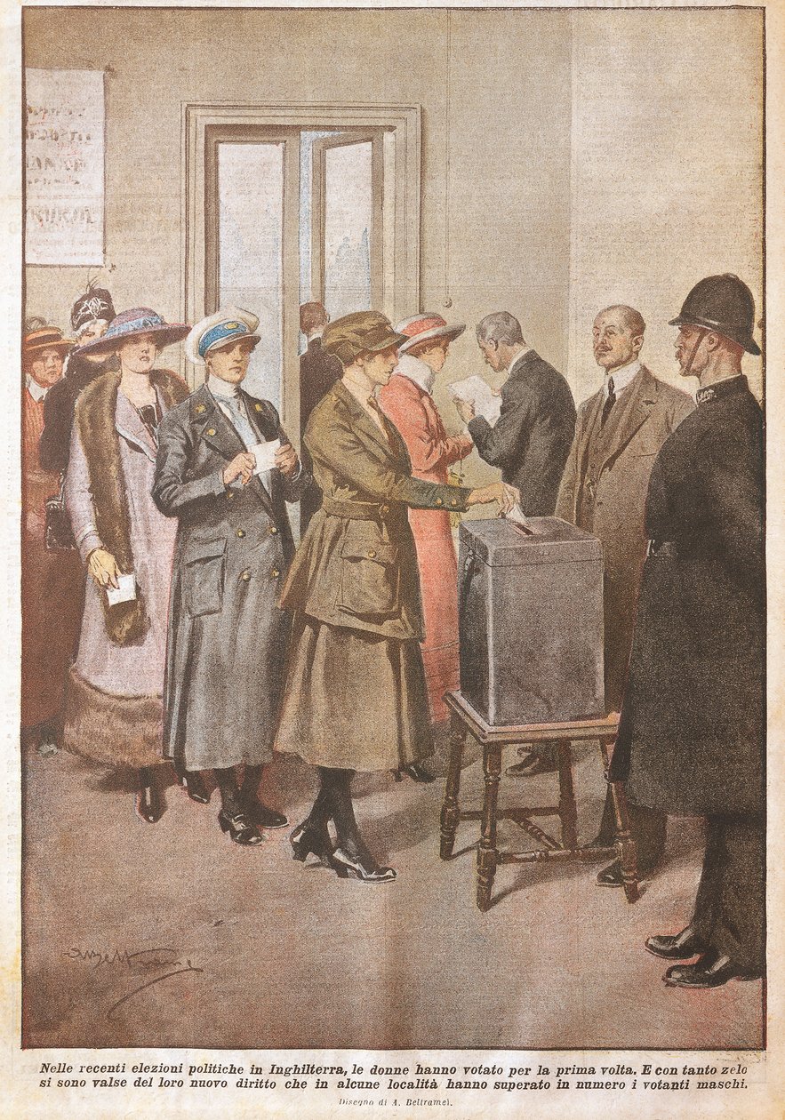 Wybory polityczne w Anglii: kobiety głosujące po raz pierwszy, Achille Beltrame (1871-1945), z La Domenica del Corriere, XX w. autorstwa Achille Beltrame