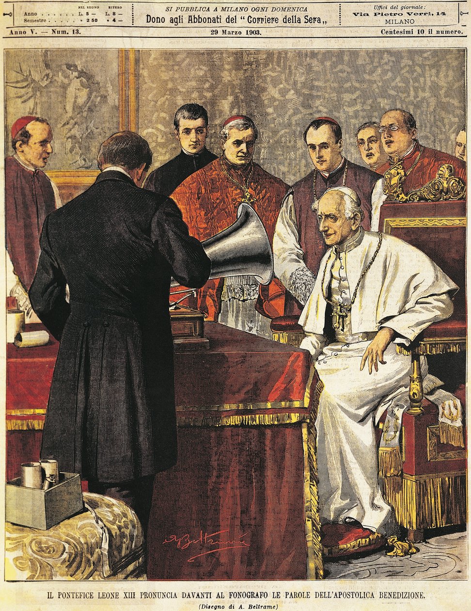 Papież Leone XIII czytający Błogosławieństwo na gramofon, Achille Beltrame (1871-1945), z La Domenica del Corriere, 29 marca 1903 autorstwa Achille Beltrame
