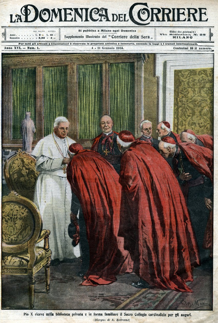 Papież Pius X przyjmuje kardynałów w swojej bibliotece na życzenia noworoczne. Okładka Domenica del Corriere z 4 stycznia autorstwa Achille Beltrame