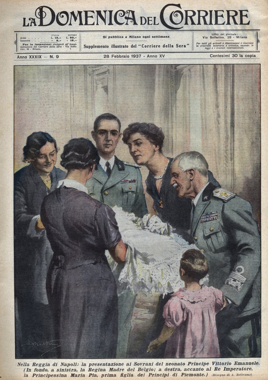 Przedstawienie księcia Vittorio Emanuele, niemowlę, władcom, po lewej stronie królowej matki Belgów Elżbiety de Baviere (1876-1965), po prawej Victor-Emanuel (Victor Emmanuel) (Vittorio Emanuele) III Sabaudzkiej, a w w tle ojciec autorstwa Achille Beltrame