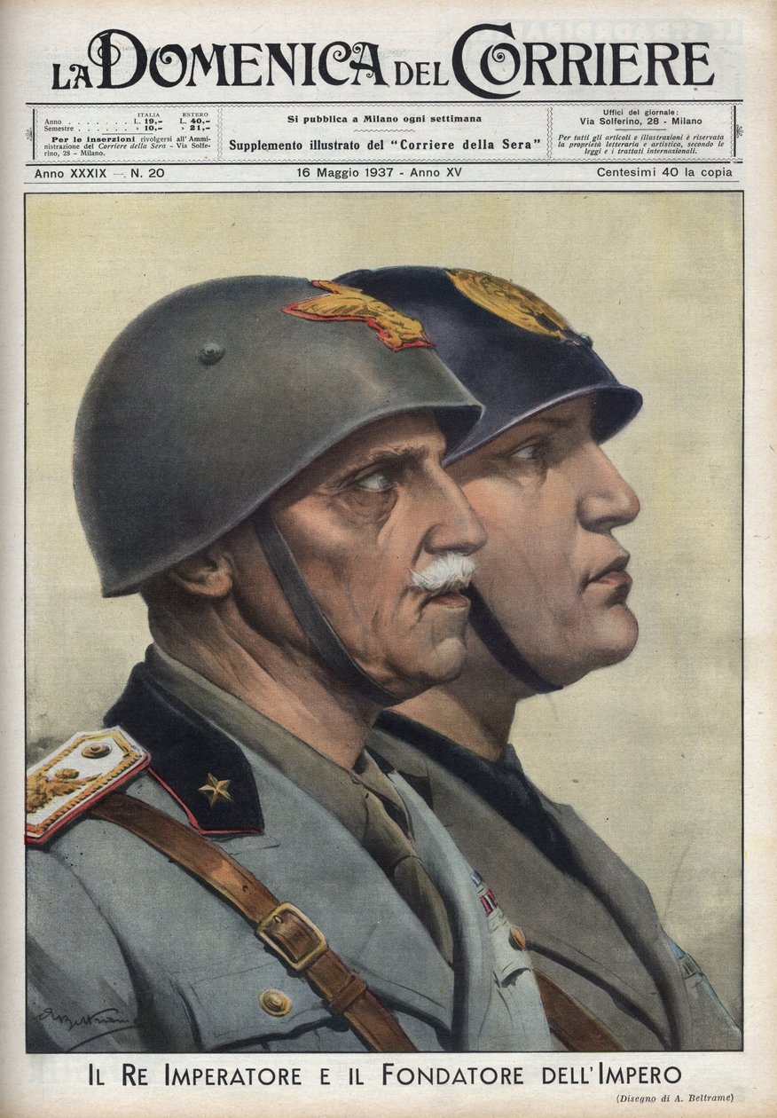 Sylwetki króla Vittorio Emanuele (Wiktora Emanuela) III i Duce Benito Mussoliniego, założyciela imperium, na wzór cesarzy rzymskich. Ilustracja Achille Beltrame w „La domenica del Corriere” z 16.05.1937. autorstwa Achille Beltrame