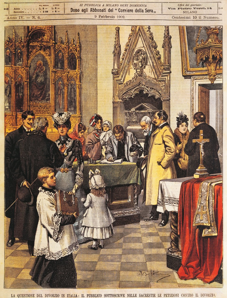 Publiczne podpisanie pozwu przeciwko rozwodowi w zakrystii, Achille Beltrame, ilustracja, Ilustrator Achille Beltrame (1871-1945), z La Domenica del Corriere, 9 lutego 1902 autorstwa Achille Beltrame
