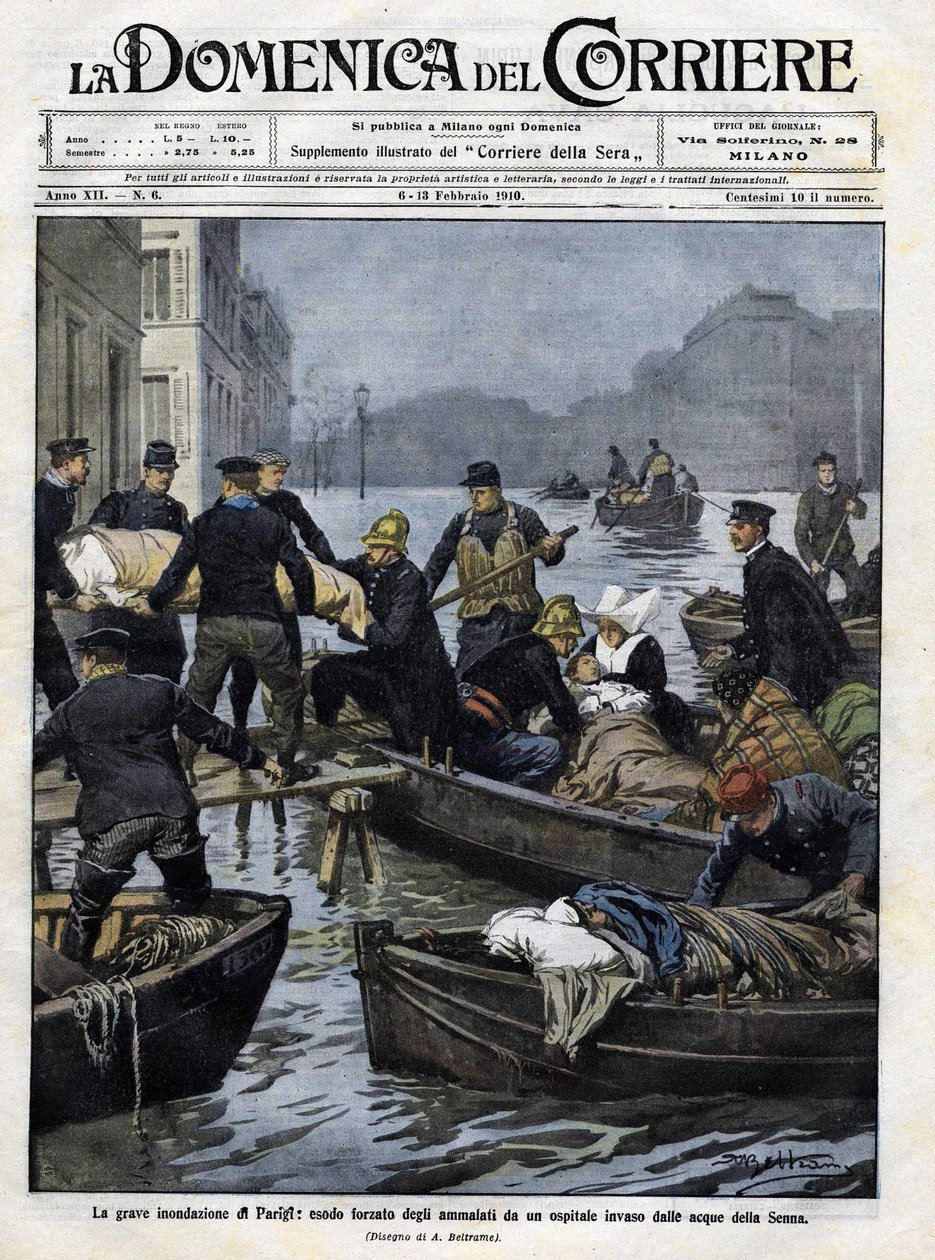 Ratowanie chorych w Paryżu podczas powodzi w lutym 1910 roku. Okładka „Domenica del corriere””. 13 lutego 1910 r. ilustracja Achille Beltrame autorstwa Achille Beltrame