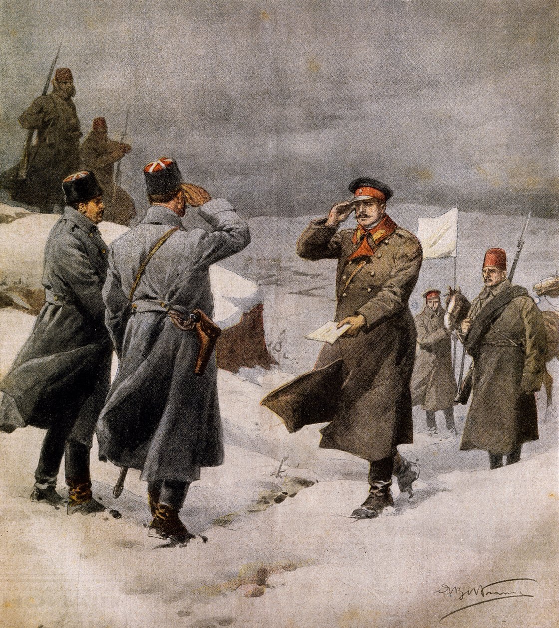 Wznowienie wojny, turecki parlamentarzysta przybywający do bułgarskiego obozu z przesłaniem o zakończeniu zawieszenia broni, Achille Beltrame (1871-1945), ilustracja z La Domenica del Corriere, 9 lutego autorstwa Achille Beltrame