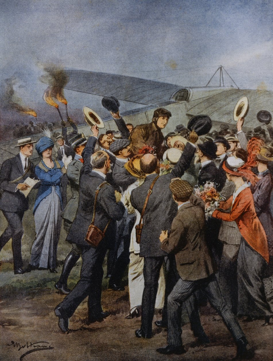 Powrót do Turynu lotnika Perrylona, po locie w ciągu jednego dnia do Rzymu we Włoszech, ilustracja Achille Beltrame z La Domenica del Corriere, 15 czerwca autorstwa Achille Beltrame
