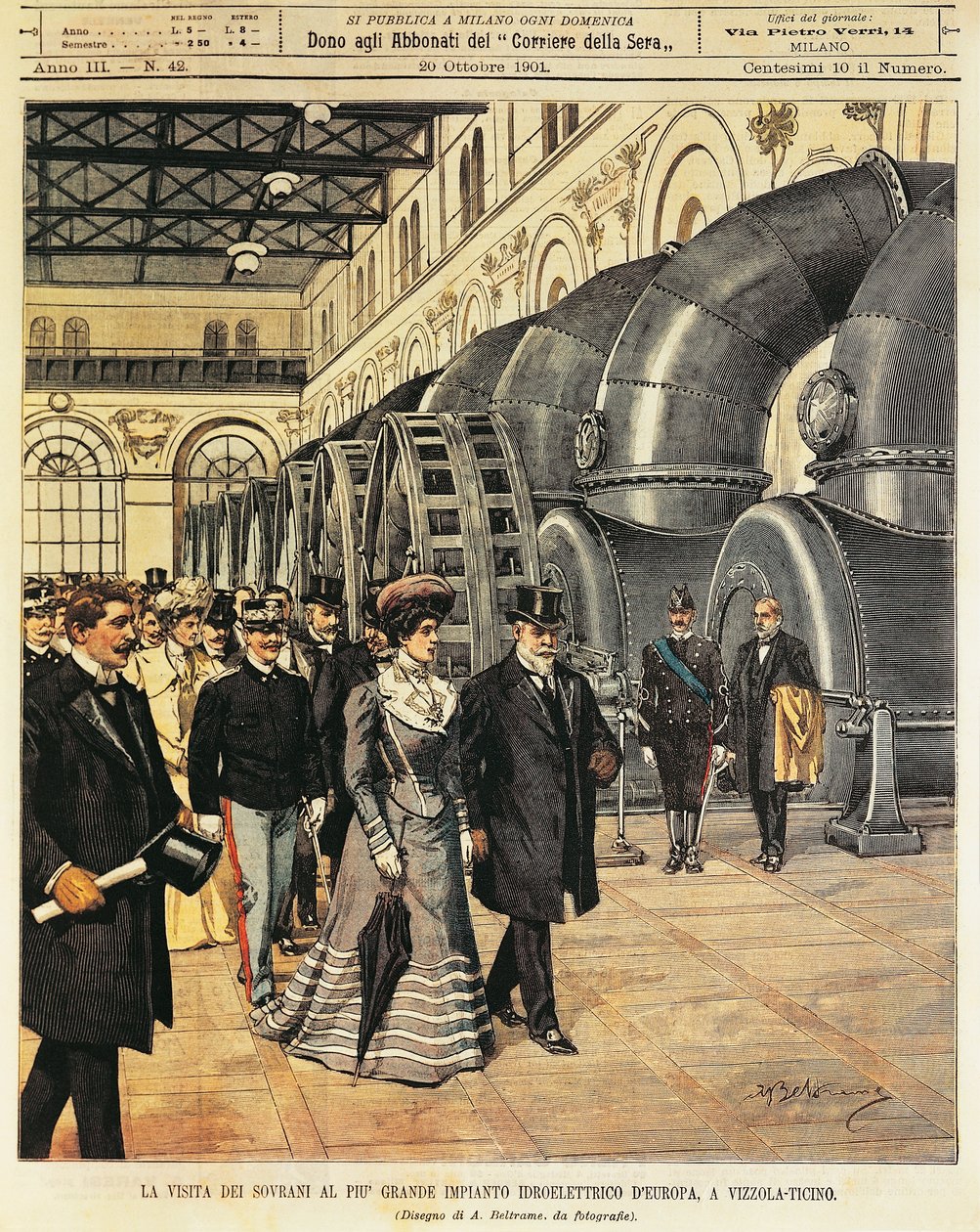 Royals zwiedzający największą elektrownię wodną w Europie w Vizzola Ticino (Włochy), autorstwa Achille Beltrame (1871-1945), z La Domenica del Corriere, 20 października 1901 autorstwa Achille Beltrame