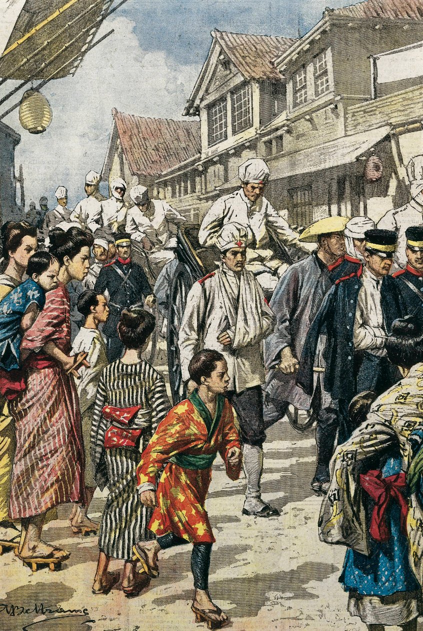 Wojna rosyjsko-japońska (1904-1905). Przybycie do Tokio pierwszych rannych w bitwie pod Ya-Lu (luty 1904). Zdjęcie Achille Beltrame dla „La Domenica del Corriere””. Akwaforta. autorstwa Achille Beltrame