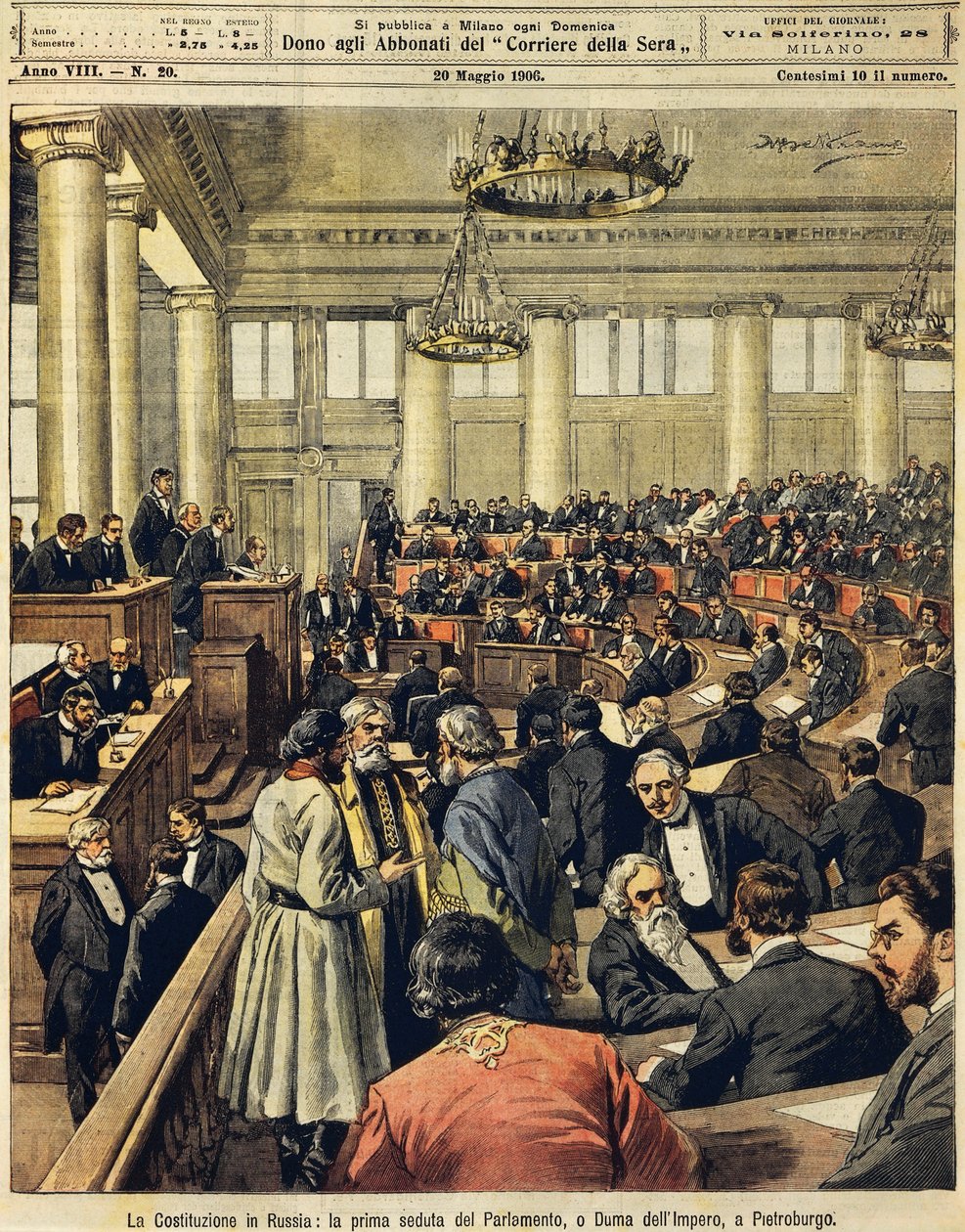 Konstytucja rosyjska: pierwsze posiedzenie parlamentu w Petersburgu, Achille Beltrame (1871-1945), z La Domenica del Corriere, 20 maja 1906 autorstwa Achille Beltrame
