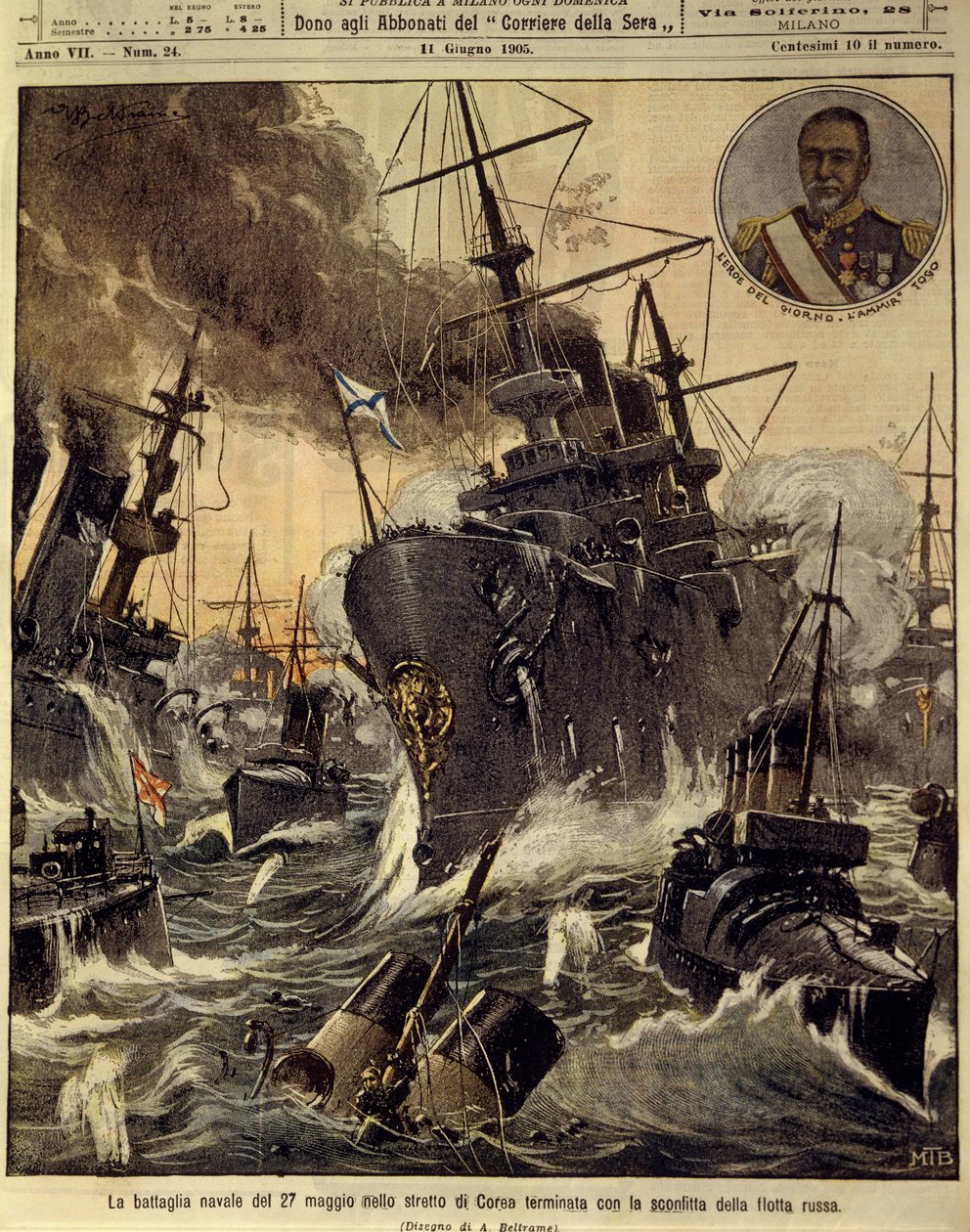 Wojna rosyjsko-japońska (1904-1905), bitwa morska w cieśninie koreańskiej zakończona klęską rosyjskiej marynarki wojennej, 11 czerwca autorstwa Achille Beltrame