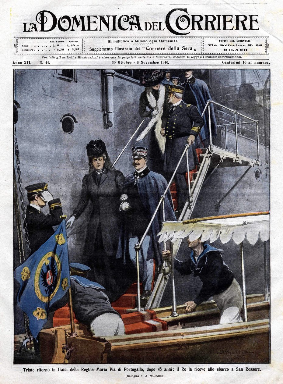 Smutny powrót do Włoch królowej Portugalii Marii Pii po 48 latach: otrzymał ją w San Rossore w Toskanii król Włoch Wiktor Emanuel III (Victor-Emmanuel) (Vittorio Emanuele). Ilustracja Beltrame. Domenica del Corriere. 6.11.1910. autorstwa Achille Beltrame