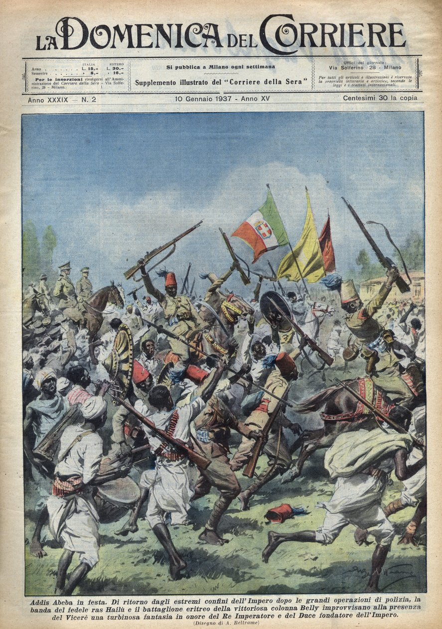 Scena radości w Addis Abebie (Addis Abeba), Etiopia, powrót Ras Hailou z głównych operacji policyjnych. Defile na cześć Duce (Benito Mussolini) i króla Etiopii. Ilustracja Achille Beltrame w „La domenica del corriere” 10.01.1937. autorstwa Achille Beltrame