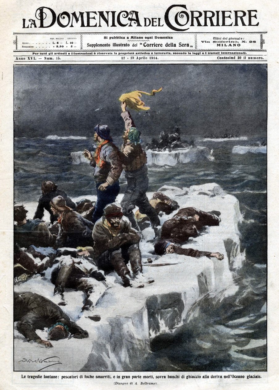 Rybacy z fok, z których niektórzy zginęli, pozostali opuszczeni na dryfującym oceanie lodzie. Ill. de Beltrame. „” La Domenica del corriere””. 12-19.04.1914. autorstwa Achille Beltrame