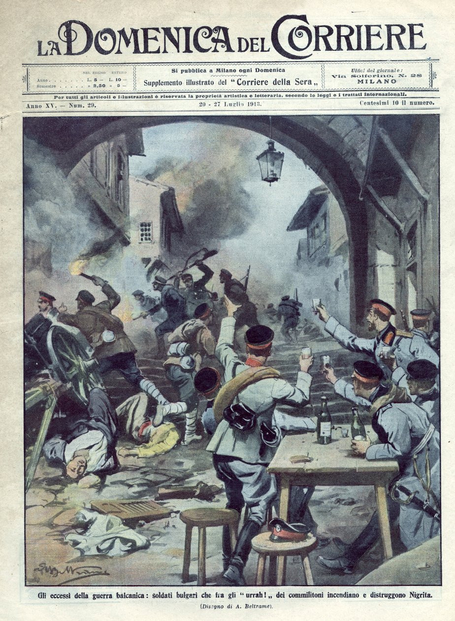 Druga wojna bałkańska (1913) między Bułgarią a Grecją i Turcją: bułgarscy żołnierze podpalili i zniszczyli Nigritę w Grecji. Domenica del Corriere. 07/1913. Ilustracja Beltrame. autorstwa Achille Beltrame