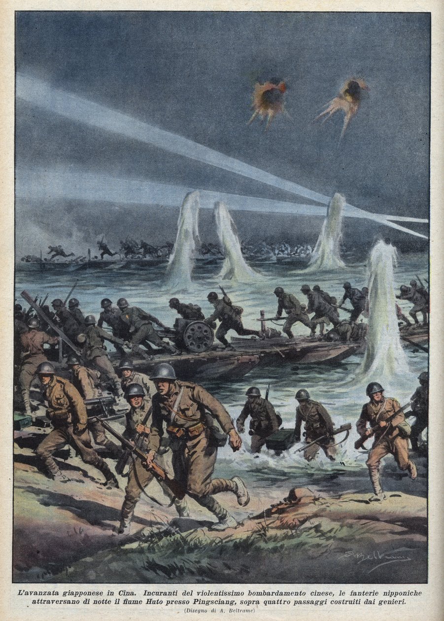 Druga wojna chińsko-japońska (1937-1945): „Armia japońska przekracza rzekę Huto w pobliżu Pingshang pod chińskimi bombardowaniami”. Ilustracja Achille Beltrame z „La domenica del corriere” z 17.10.1937. autorstwa Achille Beltrame