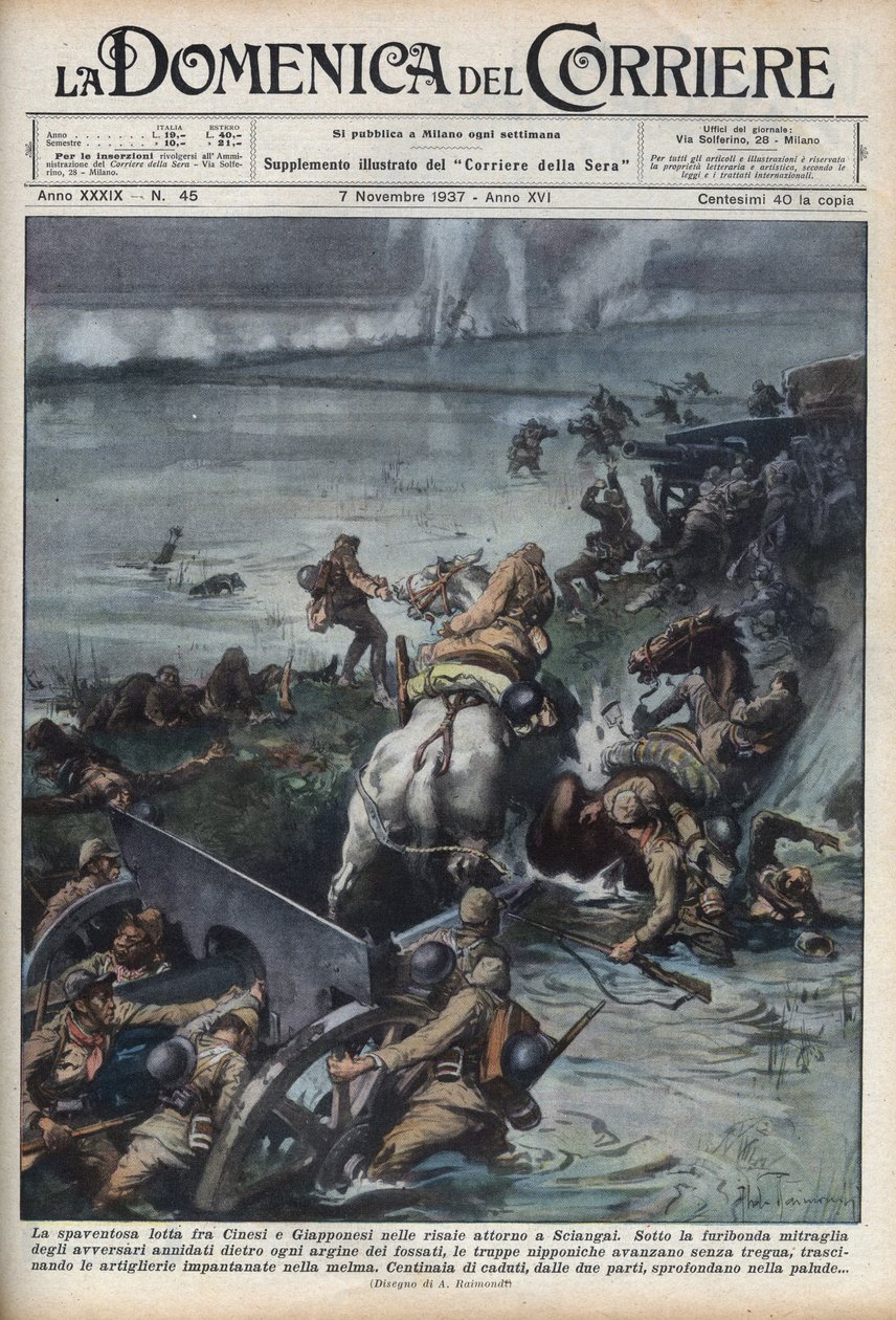 Druga wojna chińsko-japońska (1937-1945): starcia na polach ryżowych w pobliżu Szanghaju. Ilustracja Achille Beltrame z „La domenica del corriere” z 11.07.1937. autorstwa Achille Beltrame