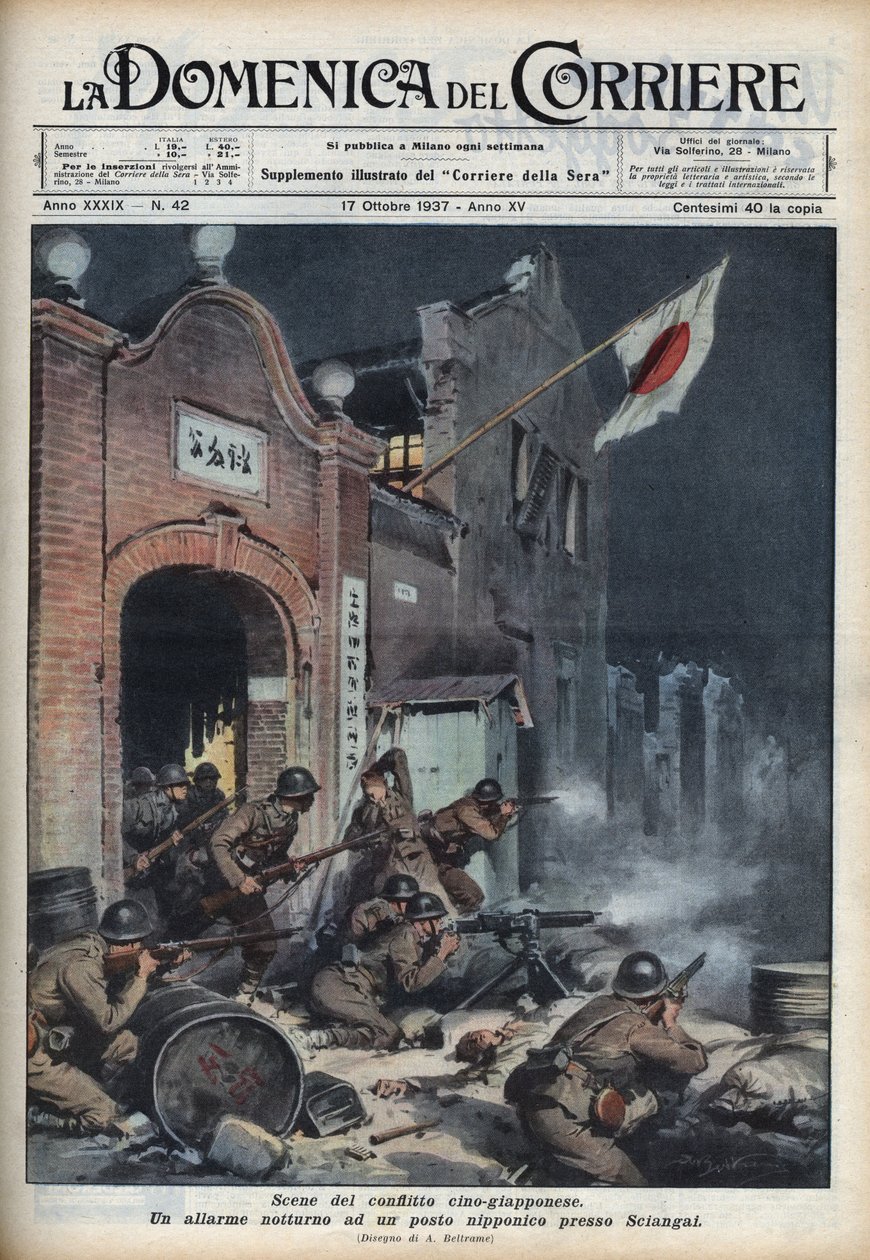 Druga wojna chińsko-japońska (1937-1945): starcia pod Szanghajem. Ilustracja Achille Beltrame z „La Domenica del Corriere” z 17.10.1937. autorstwa Achille Beltrame