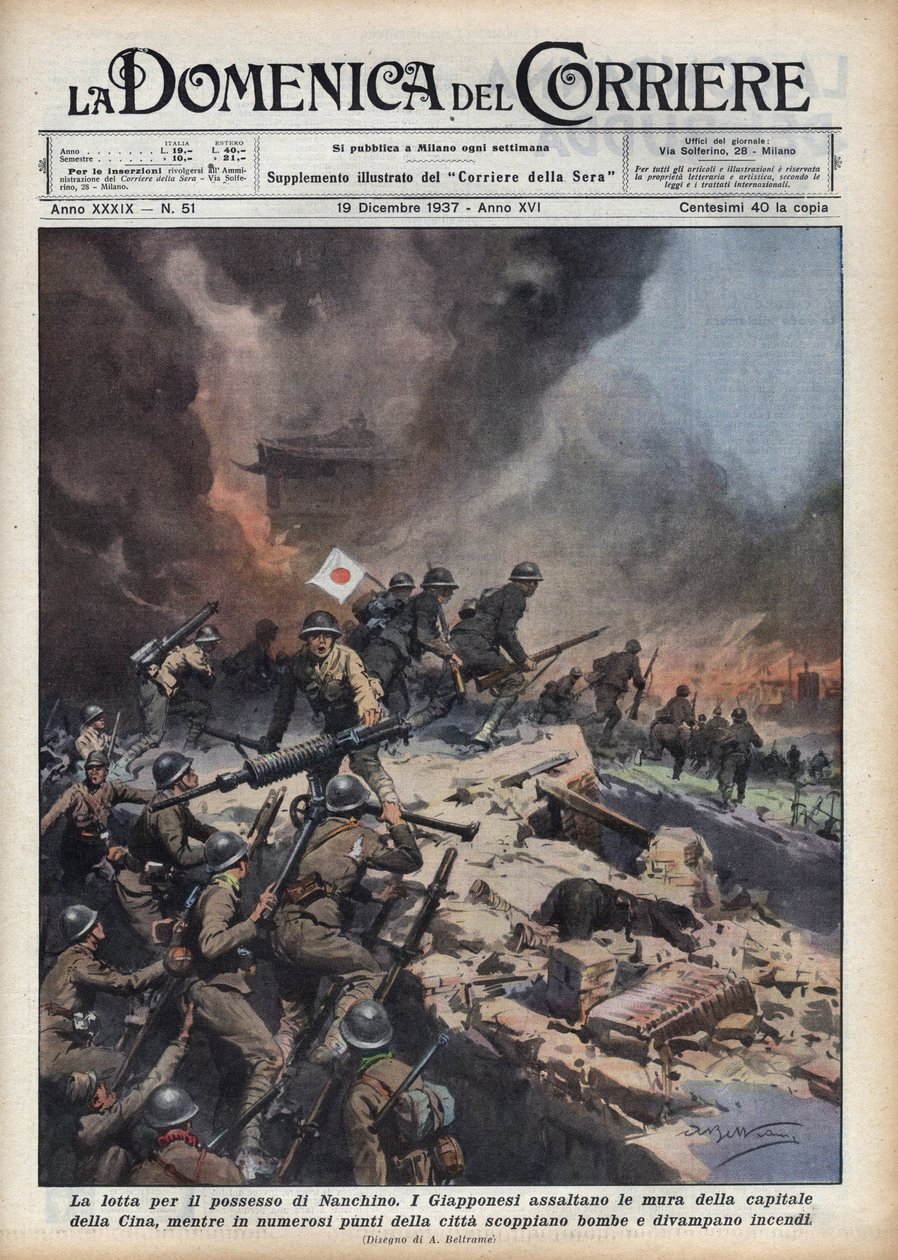 Druga wojna chińsko-japońska (1937-1945): epizod masakry w Nanjing (torba lub zgwałcenie Nankinu) w czasie konfliktów o posiadanie tego regionu. Ilustracja Achillesa Beltrame w „La domenica del corriere” z 19.12.1937 r. autorstwa Achille Beltrame
