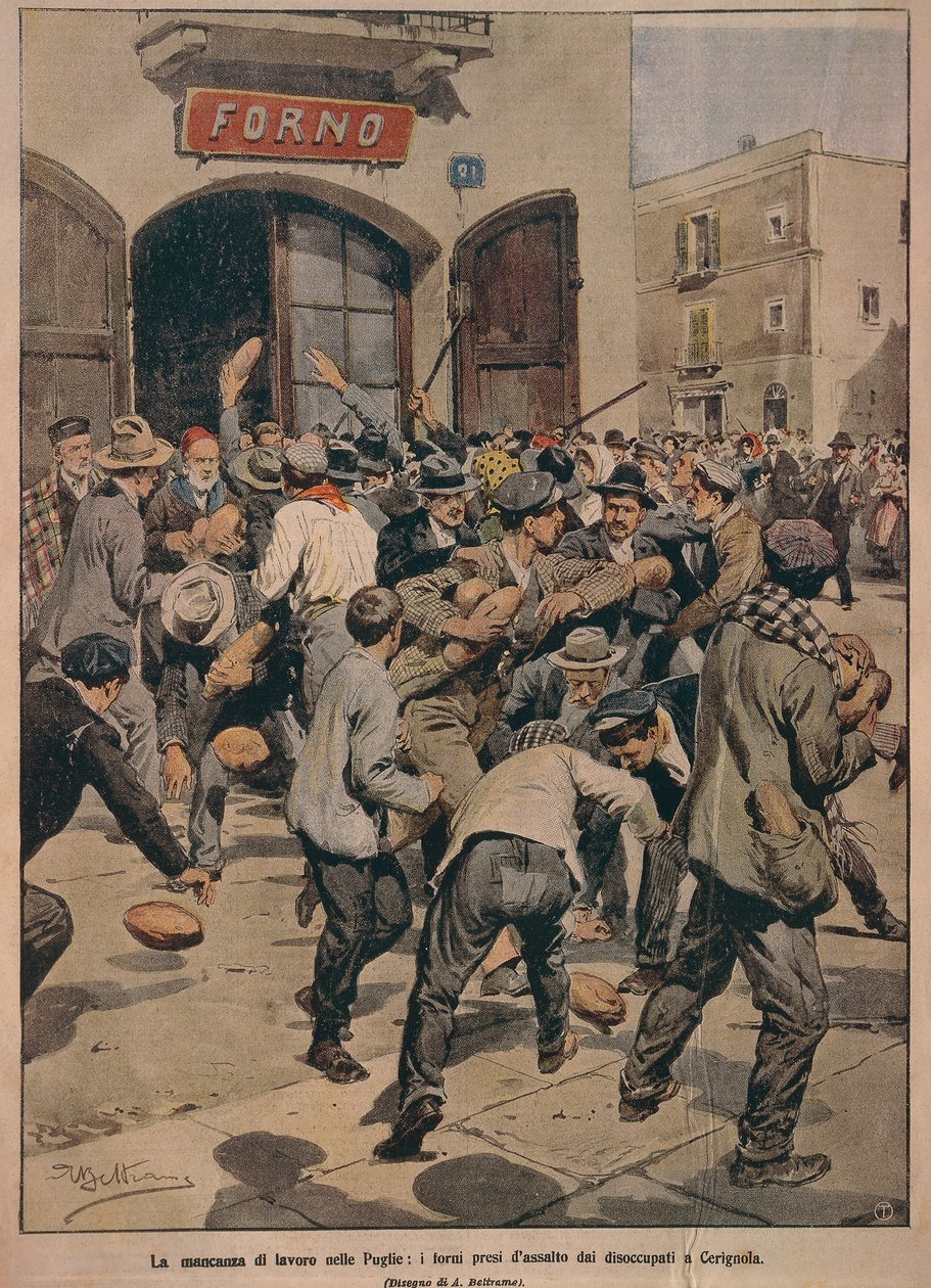 Poważne braki pracy w Apulii, Piekarniki szturmowane przez bezrobotnych Cerignoli, Achille Beltrame, ilustracja, Ilustrator Achille Beltrame (1871-1945), z La Domenica del Corriere, 20 grudnia 1908 autorstwa Achille Beltrame