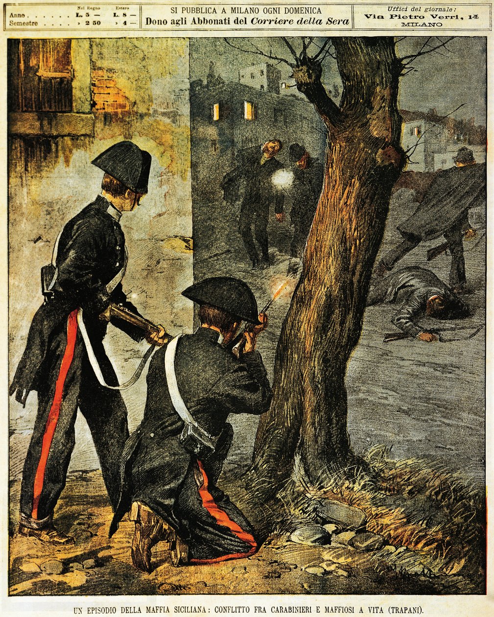 Sycylijska impreza mafijna, Walka między karabinierami a gangsterami mafijnymi w Trapani, Achille Beltrame, ilustracja, Ilustrator Achille Beltrame (1871-1945), z La Domenica del Corriere, 31 grudnia 1899 autorstwa Achille Beltrame