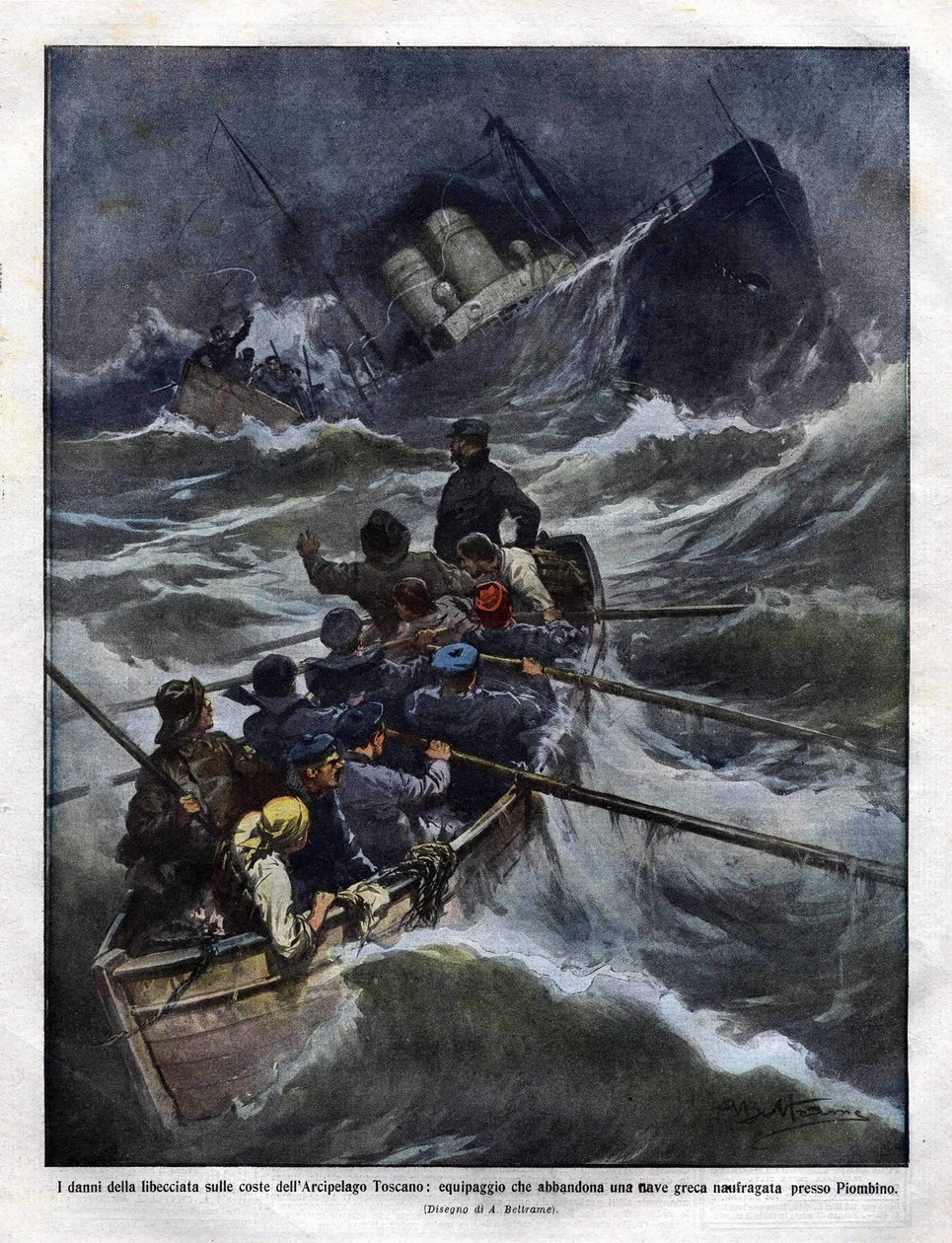 Zatonięcie włoskiej łodzi u wybrzeży Toskanii w 1910 roku. ilustracja Achilles Beltrame autorstwa Achille Beltrame