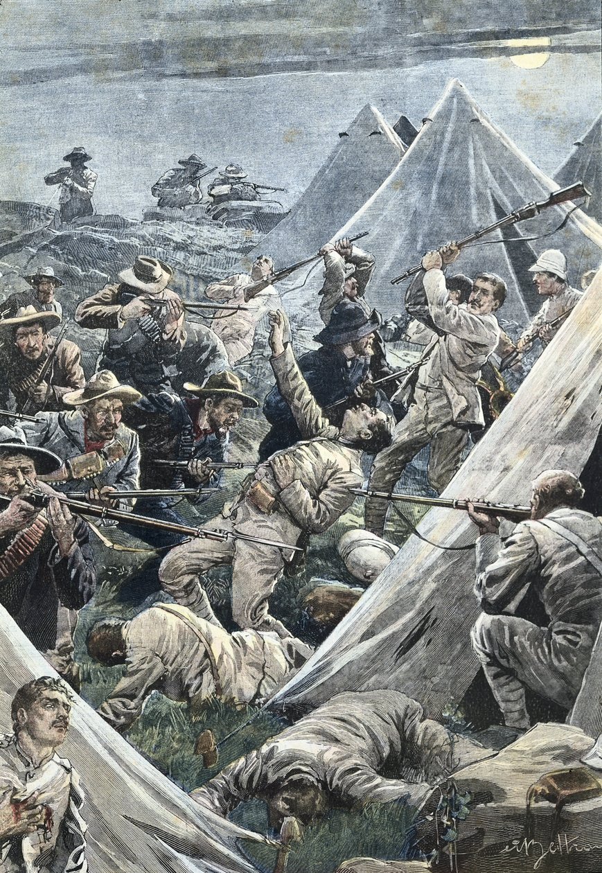 Afryka Południowa. Druga wojna burska. Atak na angielski obóz Tweefontein (1902). Ilustracja autorstwa Achille Beltrame. Rytownictwo. autorstwa Achille Beltrame