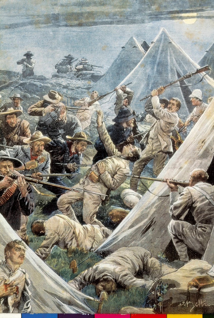 Afryka Południowa. Druga wojna burska. Atak na angielski obóz Tweefontein (1902). Ilustracja autorstwa Achille Beltrame. Rytownictwo. autorstwa Achille Beltrame
