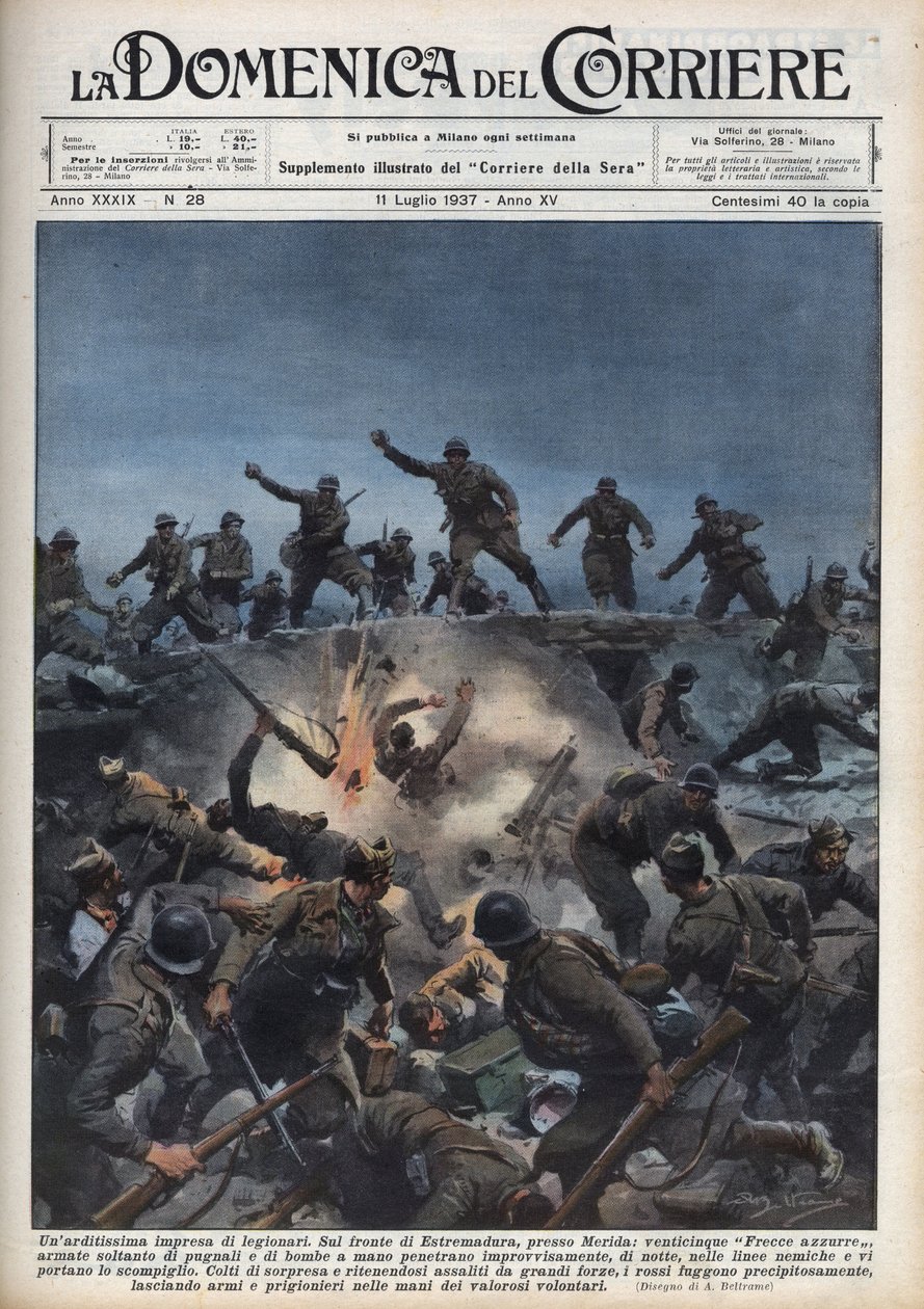 Hiszpańska wojna domowa: dywizja włoskich ochotników ucieka przed hiszpańską armią republikańską w regionie Merida w Hiszpanii. Ilustracja Achille Beltrame w „La domenica del Corriere” z 11.07.1937. autorstwa Achille Beltrame
