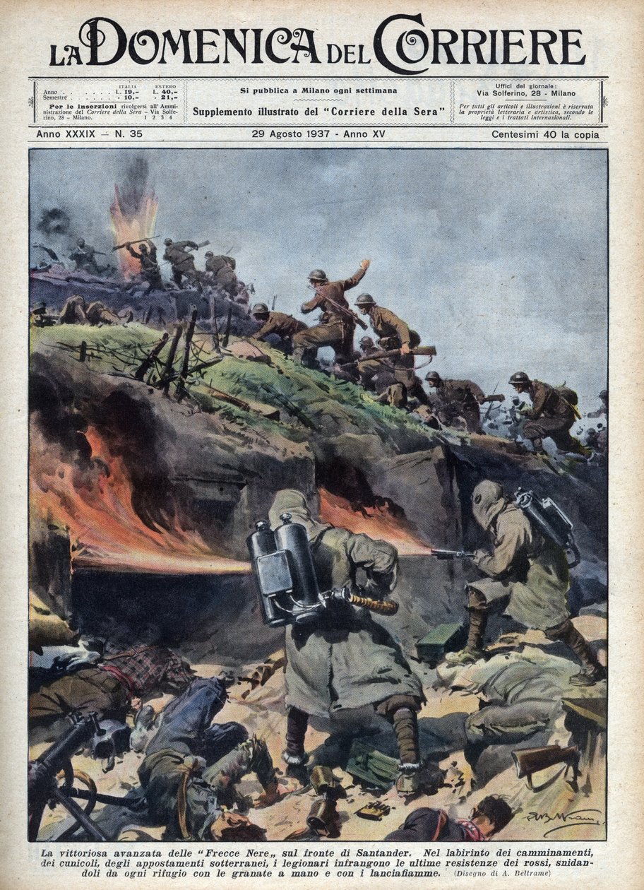 Hiszpańska wojna domowa: Napastnik brygad „Frecce nere” na froncie Santander. Ilustracja Achille Beltrame z „La domenica del corriere” z 29.08.1937 r. autorstwa Achille Beltrame
