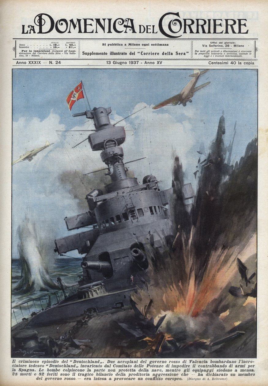 Hiszpańska wojna domowa: dwa samoloty rządu republikańskiego w Walencji zbombardowały niemiecki krążownik Deutschland, aby zapobiec handlowi bronią do Hiszpanii. Ilustracja Achille Beltrame w „La domenica del Corriere” z 13.06.1937. autorstwa Achille Beltrame