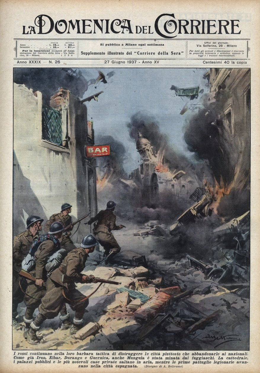 Hiszpańska wojna domowa: starcia na ulicach baskijskich miast, w których Republikanie niszczą wszystko, zamiast zostawiać miasta nacjonalistom. Ilustracja Achille Beltrame w „La domenica del Corriere” z 27.06.1937. autorstwa Achille Beltrame