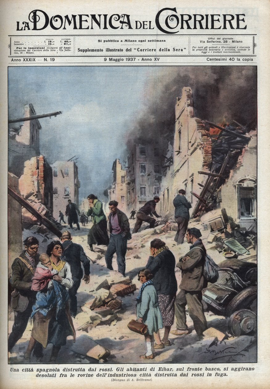 Hiszpańska wojna domowa: widok na ruiny miasta Eibar w kraju Basków zniszczonego przez czerwień. Ilustracja Achille Beltrame w „La domenica del Corriere” z 09.05.1937. autorstwa Achille Beltrame