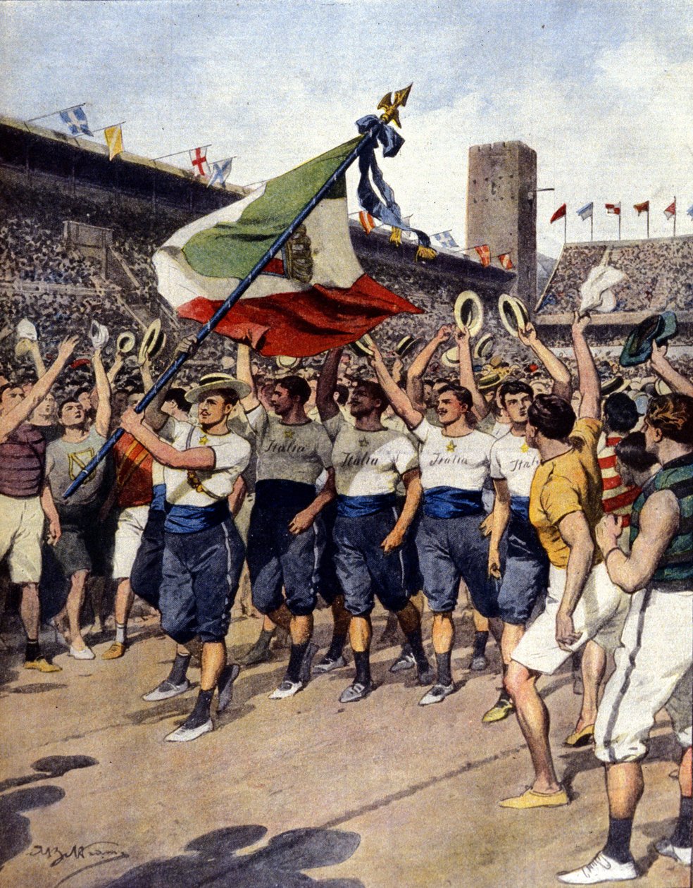 Igrzyska Olimpijskie w Sztokholmie 1912: zwycięska włoska drużyna gimnastyczna. Ill. d