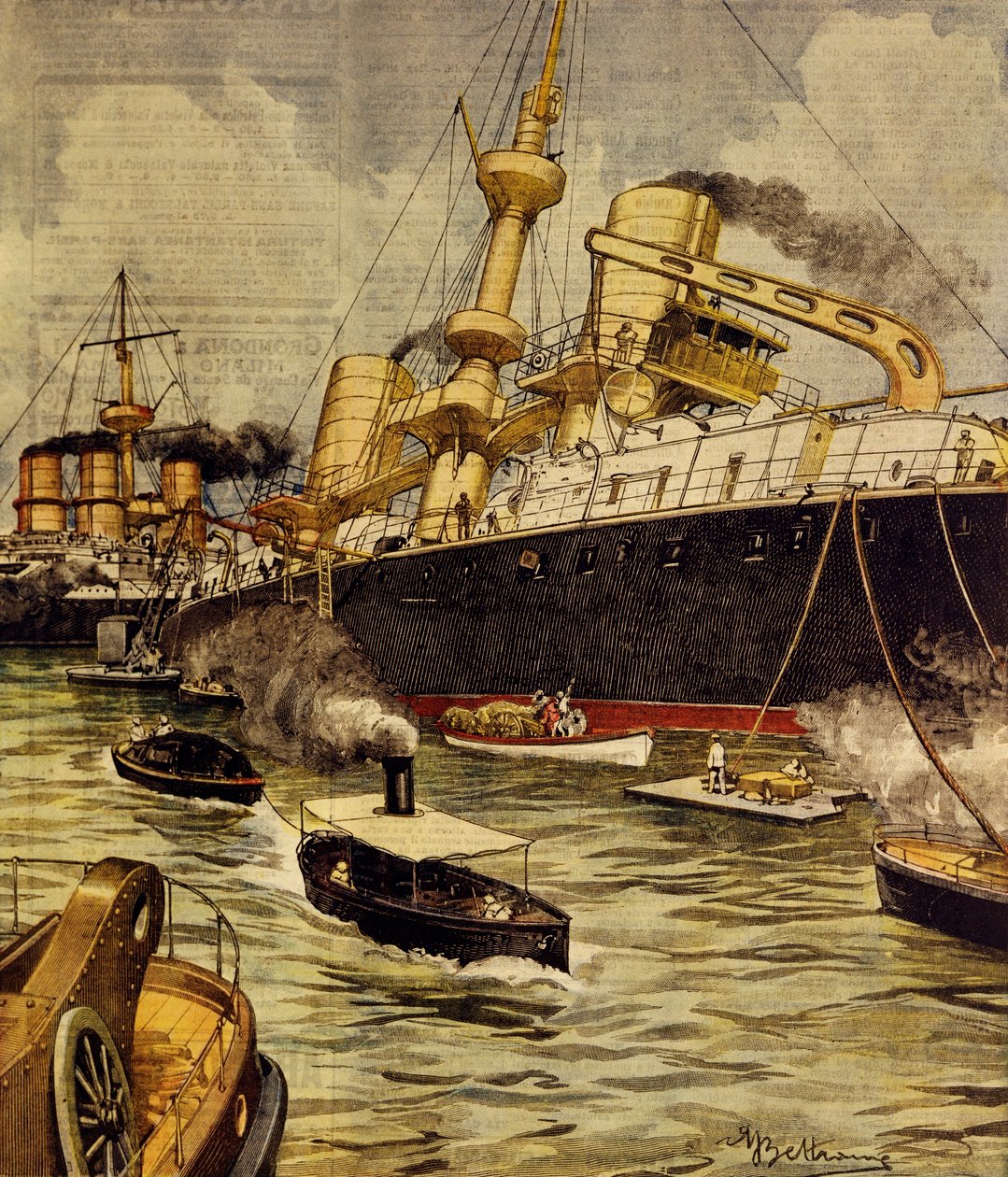 Pancernik Andrea Doria osiadł na mieliźnie w pobliżu Gallipoli, autorstwa Achille Beltrame (1871-1945), z La Domenica del Corriere autorstwa Achille Beltrame