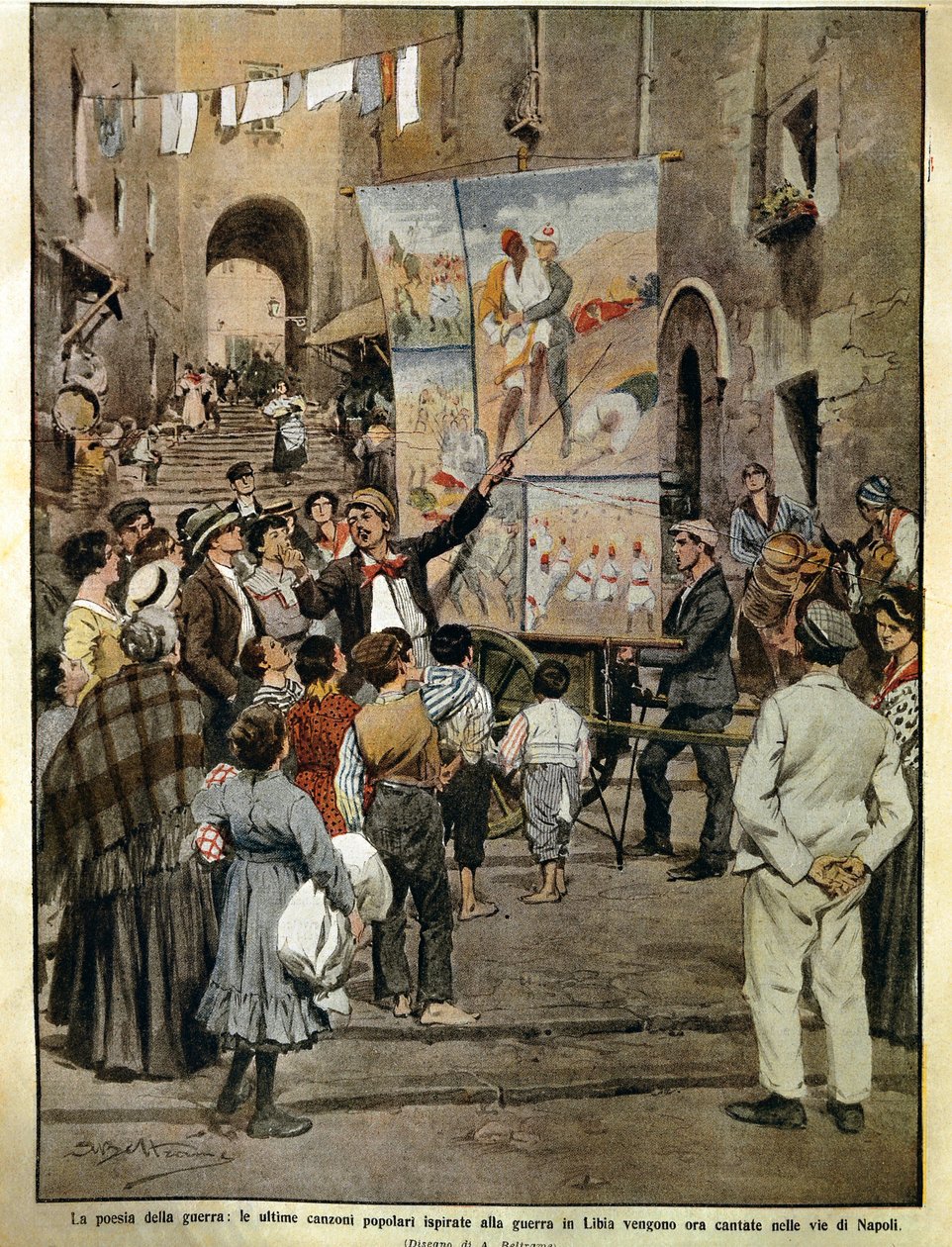 Domenica del Corriere (włoska gazeta niedzielna) z 8 grudnia 1910, pieśni ludowe inspirowane wojną w Libii śpiewane w Neapolu przez śpiewaków ballad, Achille Beltrame, ilustracja autorstwa Achille Beltrame