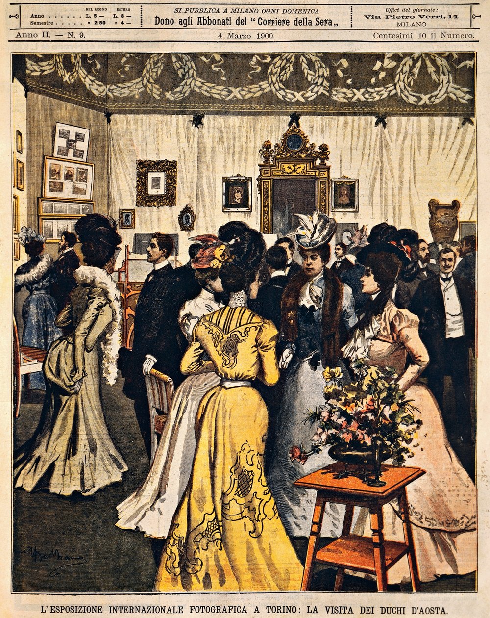 Książęta Aosty na Międzynarodowej Wystawie Fotografii w Turynie, Achille Beltrame (1871-1945), z La Domenica del Corriere, 4 marca 1900 autorstwa Achille Beltrame